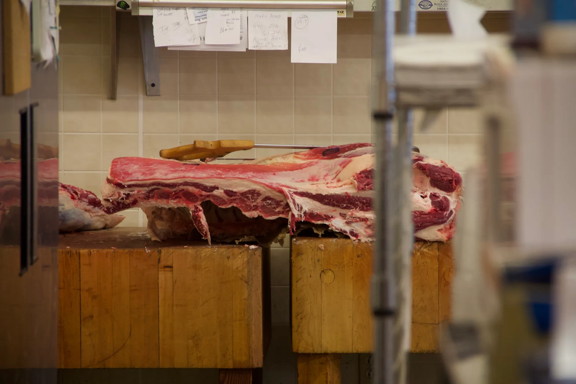 Beef primal on the butcher block at Jaworski Meats, hand-cut since 1935 in Cleveland, Ohio
