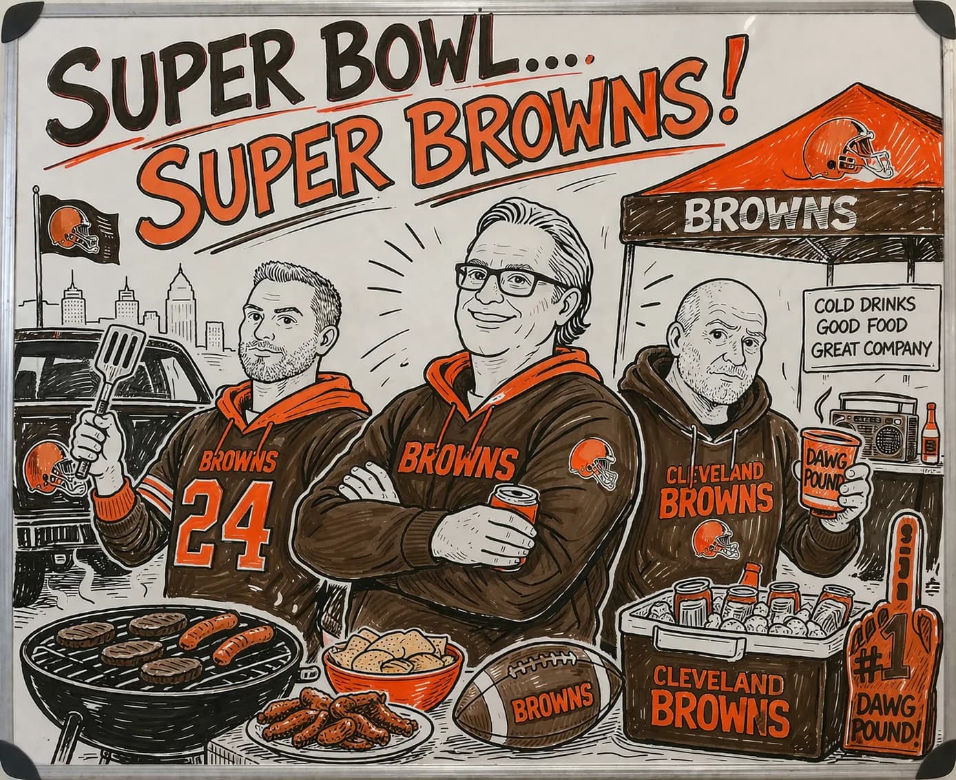 Hand-drawn illustration of the Jaworski Meats crew tailgating in Cleveland Browns gear, Super Bowl Super Browns edition