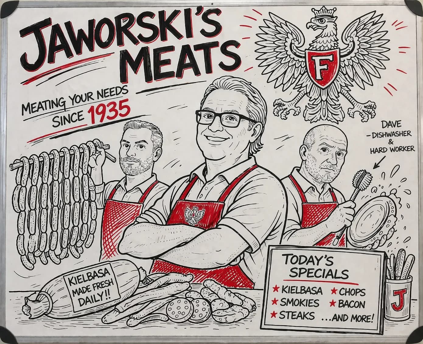 Hand-drawn illustration of the Jaworski Meats crew: Mark, Adam, and Dave behind the counter with kielbasa, the Polish eagle, and today's specials board